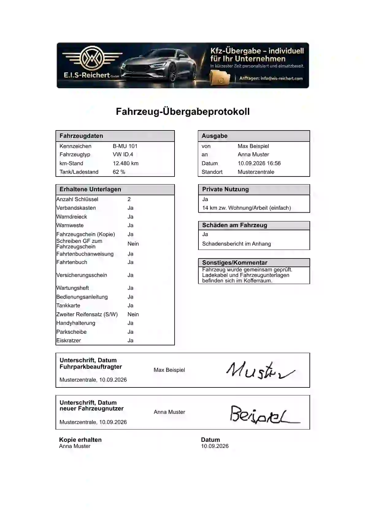 Erste Seite des Übergabeprotokolls