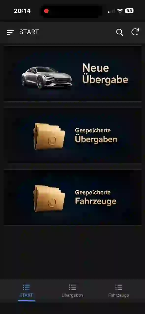 Startseite der Kfz-Übergabe-App